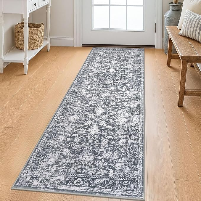KILOCOCO Hallway Runner 2x6 Rug Runner Printed Vintage Floral Washable Kitchen Runners Non-Slip Rubber Backed Runners for Hallways Laundry Room Distressed Boho Rugs for Entryway Bedroom, Grey