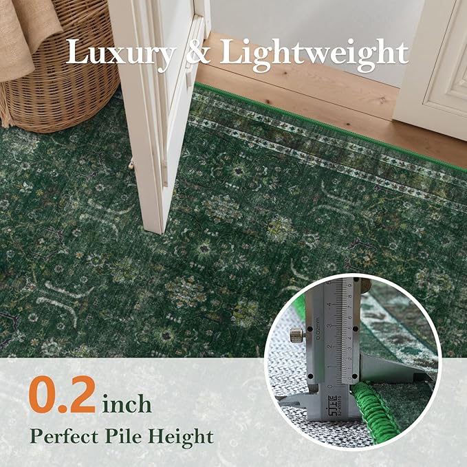 Moynesa Vintage Washable Green Rugs for Living Room 5x7, Retro Area Rug for Bedroom Dining Room Kitchen, Low Pile Soft Non-Slip Accent Carpets for Office Indoor Nursery
