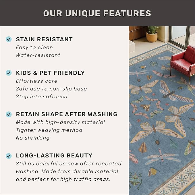 Washable Blue Rugs for Bedroom Bedside - 3x4 Area Rug for Large Kitchen, Entrance Indoor, Boho Insect Print Bug Décor, Non Slip Low Pile Fade Resistant