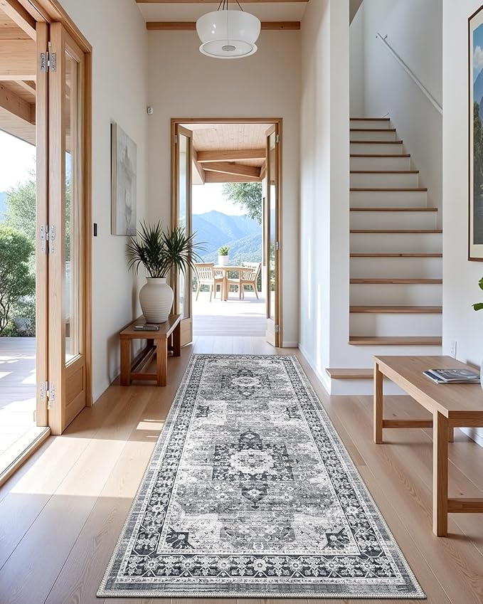 LUMI Runner Rug 3x7, Washable Non-Slip Hallway Throw Rugs, Long Soft Thin Vintage Oriental Kitchen Mats, Low-Pile Indoor Kitchen Entryway Area Rug, Dusty Blue