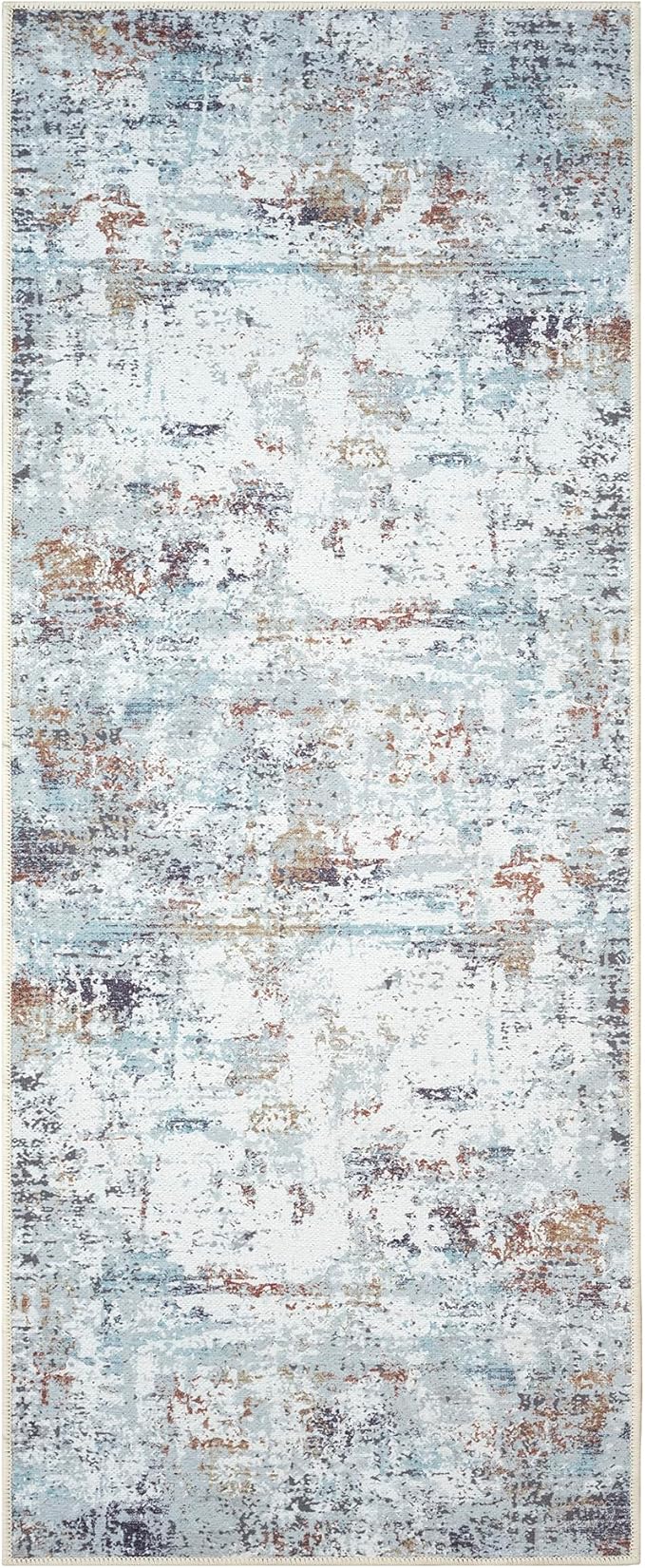 GLN Rugs Contemporary Collection - Machine Washable Area Rug, Contemporary Washable, Non Slip, Low Pile Chenille Rug, Living Room, Bedroom, Kitchen Rug (2'6" x 10' White/Grey/Blue/Brown)