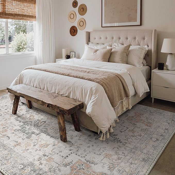 Bavni Washable Rug 8x10 Area Rug for Living Room Bedroom Dining, Washable Vintage Print Carpet, Ultra-Thin Low Pile Lightweight Rug with Non Slip Backing, Light Taupe Brown