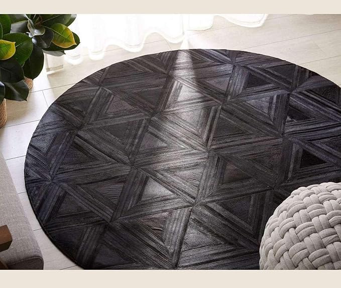 Black Round Rug 4x4 ft – Soft Anti-Slip Modern Faux Leather Area Carpet with Textured Geometric Pattern Rug for Living Room, Bedroom, Dining, Kids Room, Playroom, Lounge & Home Decor