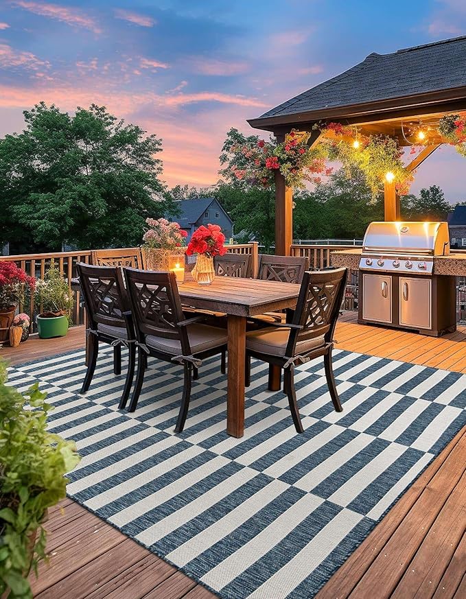 Unique Loom Outdoor Striped Collection Area Rug - Striped (10' Square Blue/Ivory)