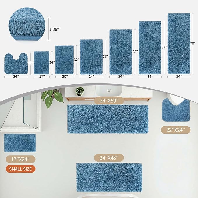 Blue Bathroom Rug 24x48 Non Slip Fluffy Bath Mat for Bathroom Floor Washable Plush Luxury Bath Rug for Tub Soft Shaggy Absorbent Shower Sink Mat