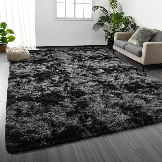 Large Shag Area Rugs 8 x 10, Tie-Dyed Plush Fuzzy Rugs for Living Room, Ultra Soft Fluffy Furry Rug for Bedroom, Indoor Carpet Nursery Rugs for Kids Room Home Decor, Dark Grey