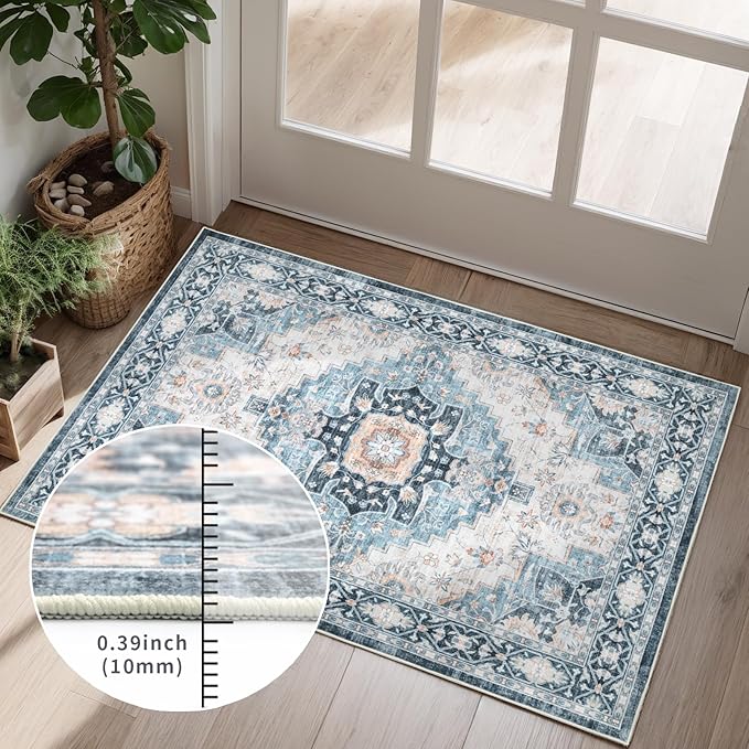 Washable 5×7 Area Rug for Living Room, Vintage Floral Rug Soft Non Slip Stain Resistant Boho Carpet for Indoor Bedroom Dinning Room Home Office Blue/Ivory