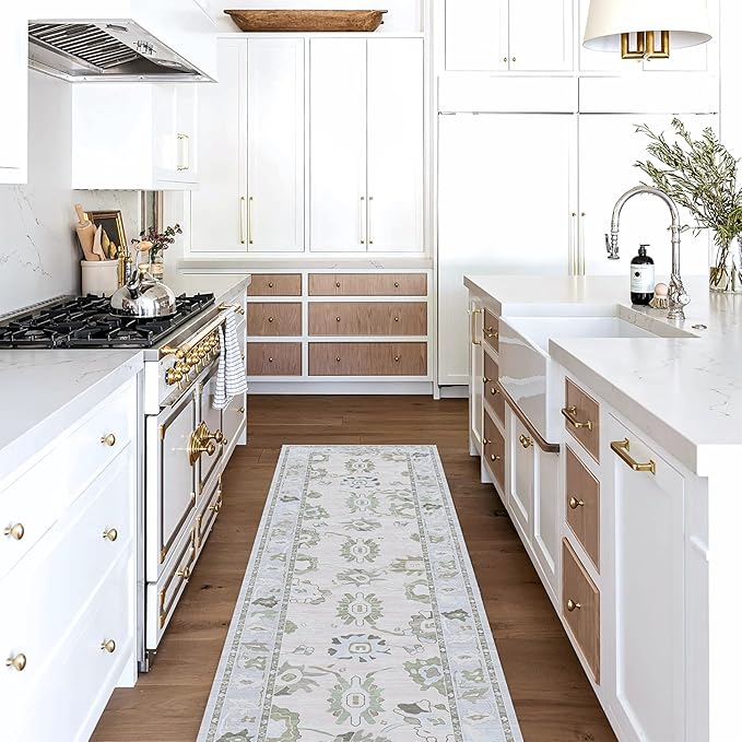Fame Living Cream Beige Oushak Runner Rug, Modern Runners, Turkish, Eclectic, Floral, Pastel, Washable, Small Rug, Short Runner for Hallway, Entryway, Laundry, Bedroom, Kitchen, Bathroom, 2'5"x6'5"