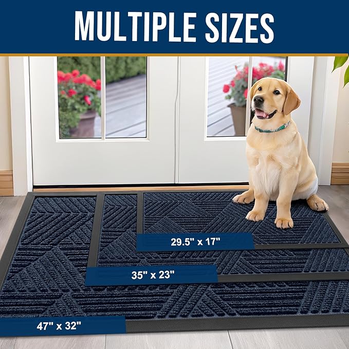 Kitinjoy Front Door Mat Outside Entrance, Sturdy Natural Dirt Trapper, Heavy Duty Rubber Doormat, Low Profile Non-Slip Backing, Easy Clean Floor Mat for Indoor Outdoor Entry, 29.5X17 Inch, Navy Blue