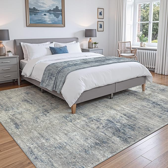 DEXI 4x6 Area Rug for Living Room, Modern Abstract Thin Washable Rug Indoor Floor, Non Slip Stain Resistant Low Pile Carpet for Dining Room Bedroom Office, Blue