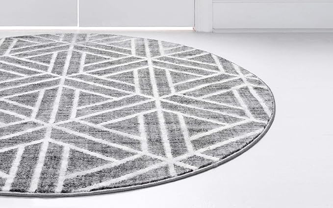 Rugs.com Lattice Trellis Collection Rug – 3 Ft Round Gray Low-Pile Rug Perfect for Kitchens, Dining Rooms