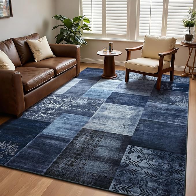 DweIke Washable Area Rugs for Living Room, 5x7 Soft Bedroom Rugs, Geometric Print Non-Slip Modern Rug, Stain Resistant Throw Carpets for Office Nursery Dining Room Home Dorm Decor, Navy Blue