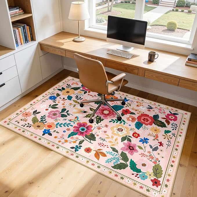 Floral 5x7 Area Rug Machine Washable Soft Print Boho Carpet Non Slip Doormat Low Pile Flower Area Rugs for Living Room Bedroom Nursery Kitchen Dining Room Indoor-Pink