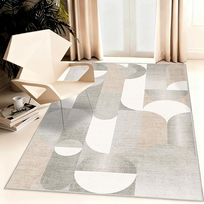 Grey Rug 3x5 Washable Area Rugs for Bedroom Living Room Kitchen Entryway Bedside,Small Modern Geometric Non Slip Carpet,Beige