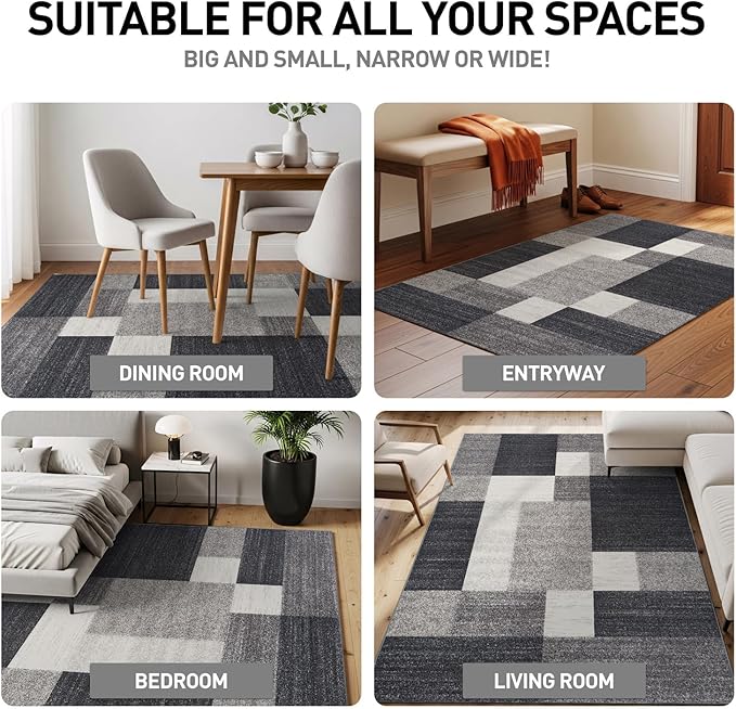 Rugshop Modern Boxes Design Non-Slip (Non-Skid) Square Dining Room, Living Room, Kitchen Area Rug 6'6" x 6'6" Gray