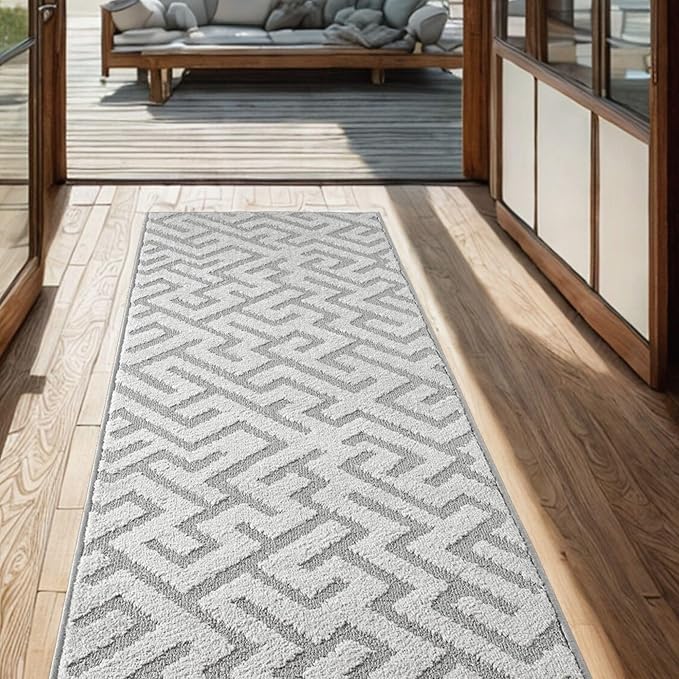 12ft Custom Hallway Rug - Deco Grey | Non-Slip Rubber Backed | Washable & Pet Friendly | Edge Bound
