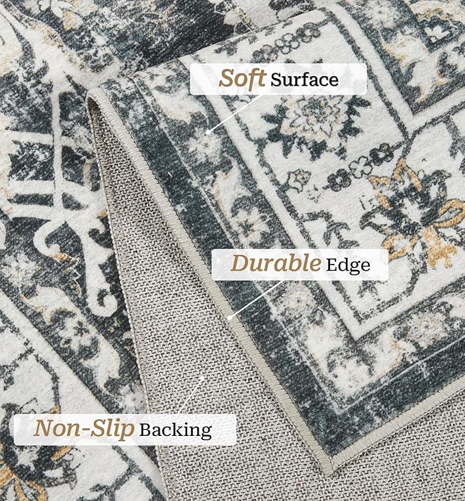 zesthome Area Rug 8x10,Ultra-Thin Washable Rugs for Living Room, Non-Slip Backing Area Rugs,Small Entryway Rug,Vintage Medallion Pattern Rugs (Black,8'x10')