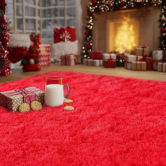 Red Fluffy Rug Plush Carpet for Bedroom Dorm, Non-Slip High Pile Rug, Shag Rug for Playroom Nursery Home Office Decor 5X7Ft