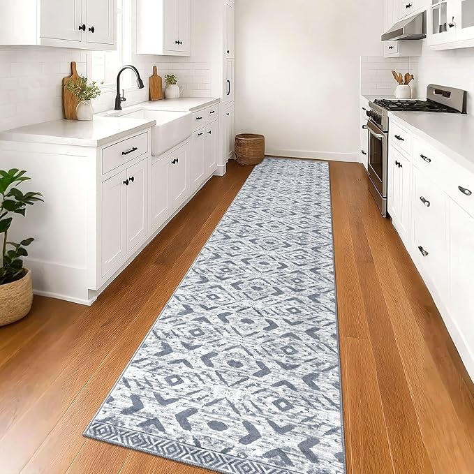 KILOCOCO Hallway Runner Rug 2.6'x16' Washable Printed Moroccan Runner Rugs Non Slip Entryway Rugs Soft Indoor Long Floor Rug for Bedroom Kitchen Living Room Geometric Boho Carpet Runners, Grey White
