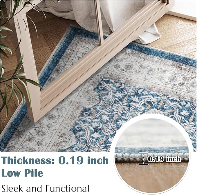 jinchan Floral Area Rugs 4x6 Machine Washable Vintage Distressed Boho Design Throw Rug Stain Resistant Carpet Low Pile Ultra-Thin Non-Slip for Bedroom Living Room Dining Room Kitchen(4‘x6', Drak Blue)