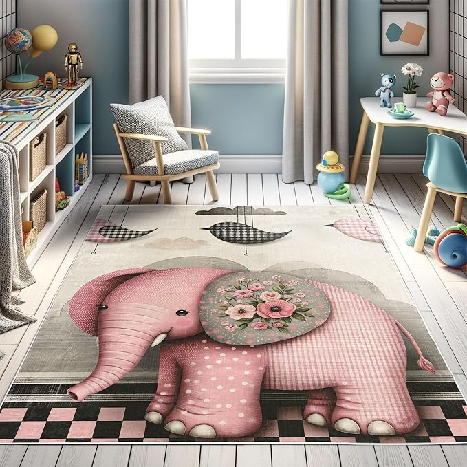 Ambesonne Elephant Decorative Rug, Modern Birds with Plaid Detail and Clouds Floral Ornate Olifant Print, Quality Carpet for Bedroom Dorm and Living Room, 2' x 5', Pastel Pink Grey Yellow