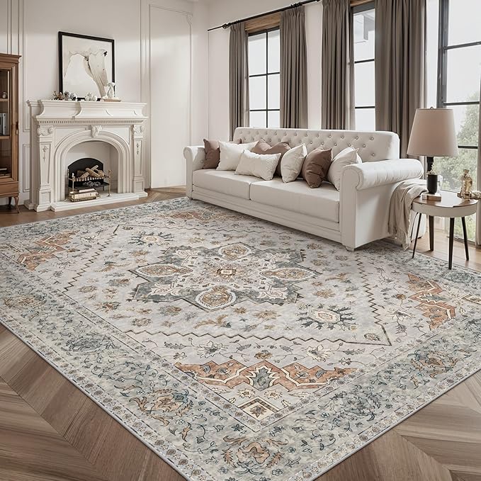 Tangsoo 8x10 Area Rug for Living Room, Washable Vintage Rugs Indoor Non Slip Large Area Rugs, Print Distressed Grey Carpet, Soft Low Pile Foldable Floor for Bedroom Dining Room Dorm