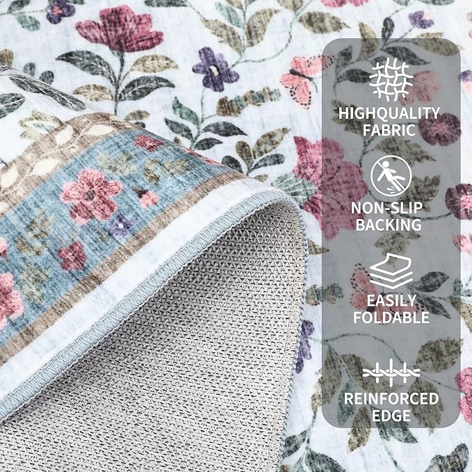 GarveeHome 2x3 Floral Rugs for Entryway, Non-Slip Soft Vintage Throw Door Mat, Low Pile Foldable Farmhouse Carpet, Non-Shedding Indoor Washable Small Rug for Bedroom, Light Blue