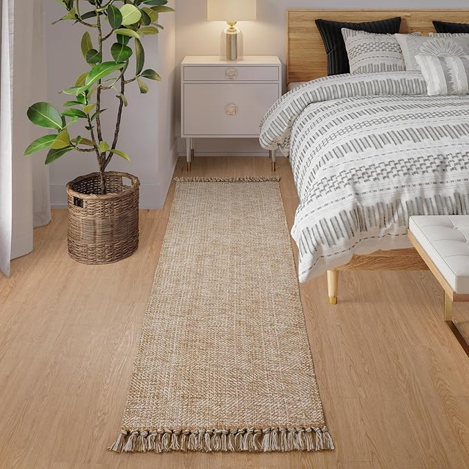 Collive Boho Runners for Hallways 2x7 ft, Washable Kitchen Runner Rug Low-Profile Neutral Indoor Entryway Rug, Tan/Cream Braided Cotton Floor Carpet for Laundry Room Bedroom Doorway