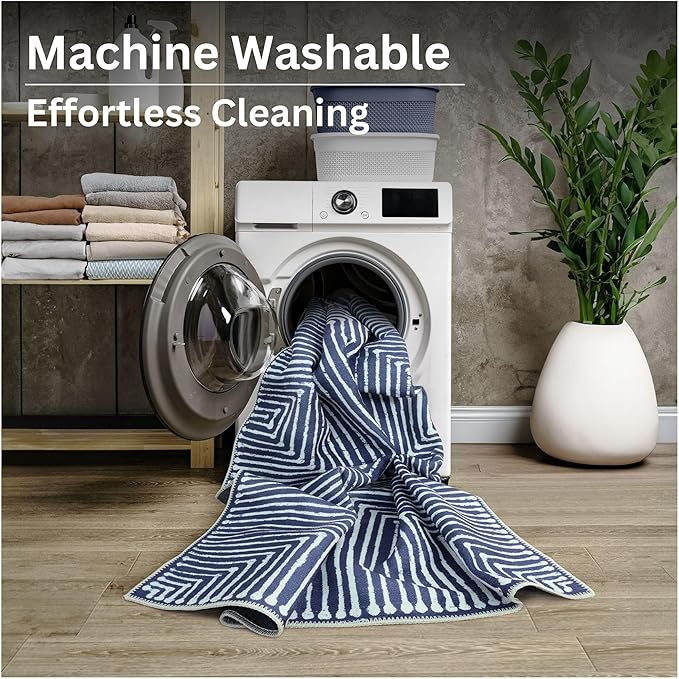 Bloom Rugs Washable Non-Slip 8' x 10' Rug - Blue Striped Area Rug for Living Room, Bedroom, Dining Room, and Kitchen - Exact Size: 8' x 10'