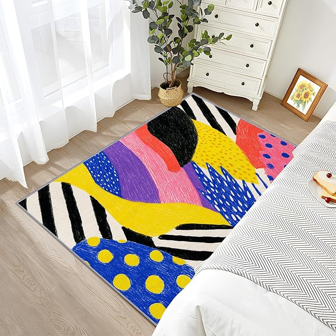 Pop Art Bedroom Rug - Colorful Abstract Color Block Rug, 6x9 Area Rugs, Hippie Aesthetic Funky Non Slip Fade Resistant Large Carpets Home Decor #C010