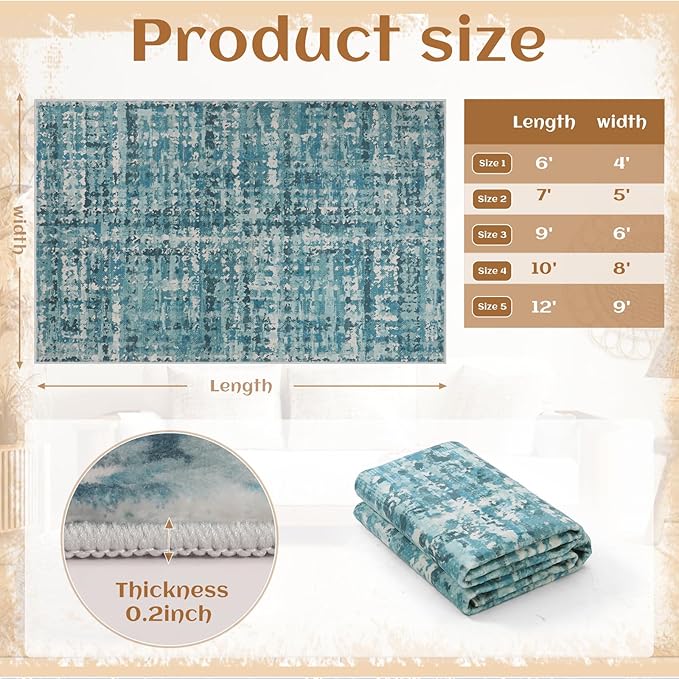 8x10 Abstract Area Rugs for Living Room, Modern Teal Blue Washable Indoor Rug for Bedroom, Thin Soft Large Non-Slip Carpet for Dining Room Home Office Farmhouse Decor