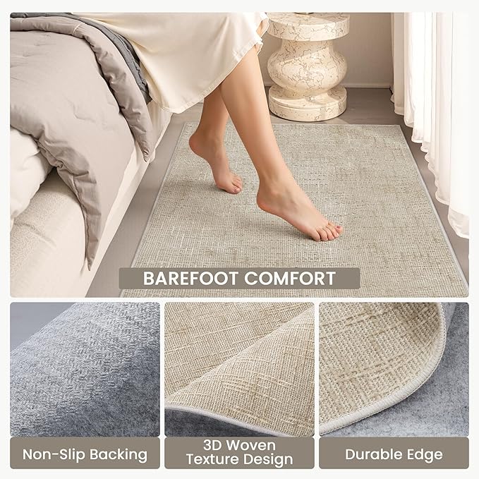 Art&Tuft 2x6 Runner Rug - Washable Runner Rugs, Non-Slip Runner Rug for Hallway, High Low Pile Textured Stripe 2x6 Rug Runner Throw Carpet for Entrance Entryway Bedroom Living Room Kitchen, Beige
