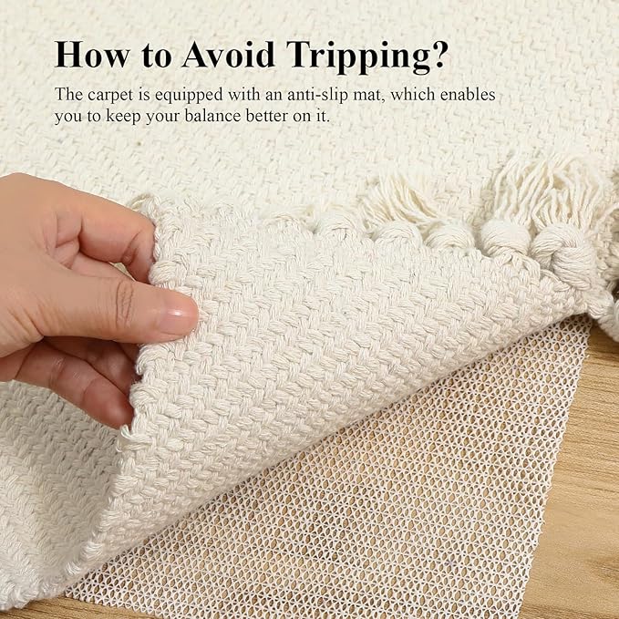 Collive Kitchen Runner Rug 2' x 4.3' ft, Washable Bathroom Rugs Non Slip Hand Woven Reversible Rug for Entryway, Modern Farmhouse Bedroom Carpet for Hallway Front Door Decor, White/Beige