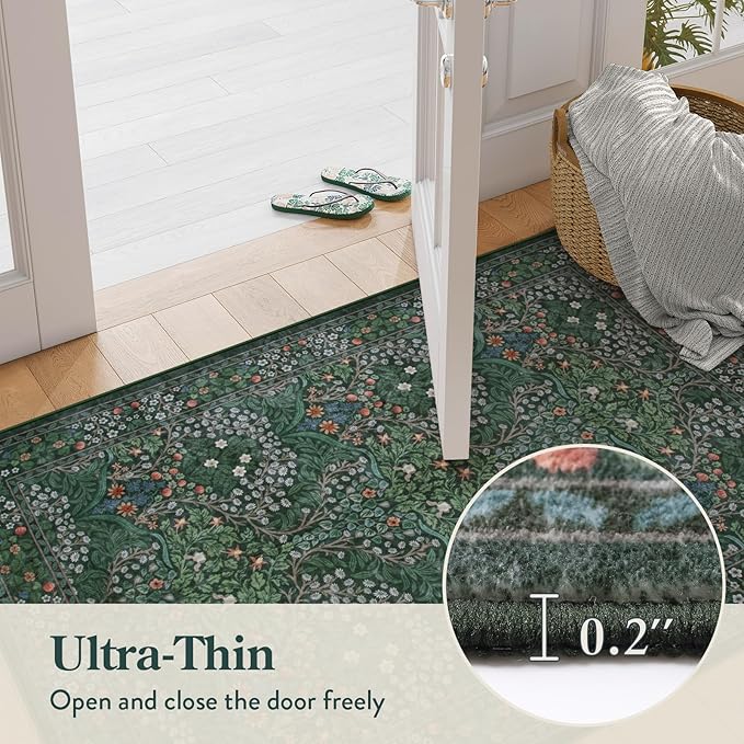 Lahome Floral Washable Runner Rug, 2'6''x8' Soft Hallway Rug Non Slip, Boho Ultra-Thin Kitchen Runners for Hallways with Rubber Backing Carpet Runner for Laundry Bedroom Bathroom, Dark Green