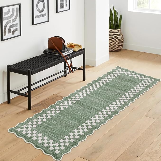 GarveeHome Hallway Runner Rug 2x6 Non Slip Scalloped Washable Rug for Kitchen Entry Stain Resistant Modern Border Throw Floor Carpet Long Runner Mat for Bathroom Living Room Bedside, Green