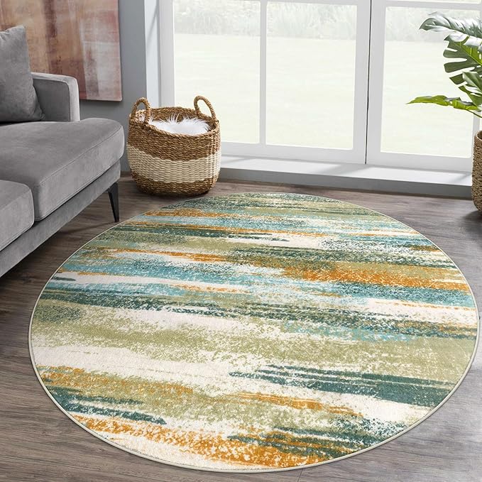 Modern Abstract Round Rug 5Ft, Green Mustard Multi Small Washable Non-Slip Circle Rug, Soft Circular Dining Room Rug Thin Print Faux Wool Carpet for Bedroom Living Room Office Playroom