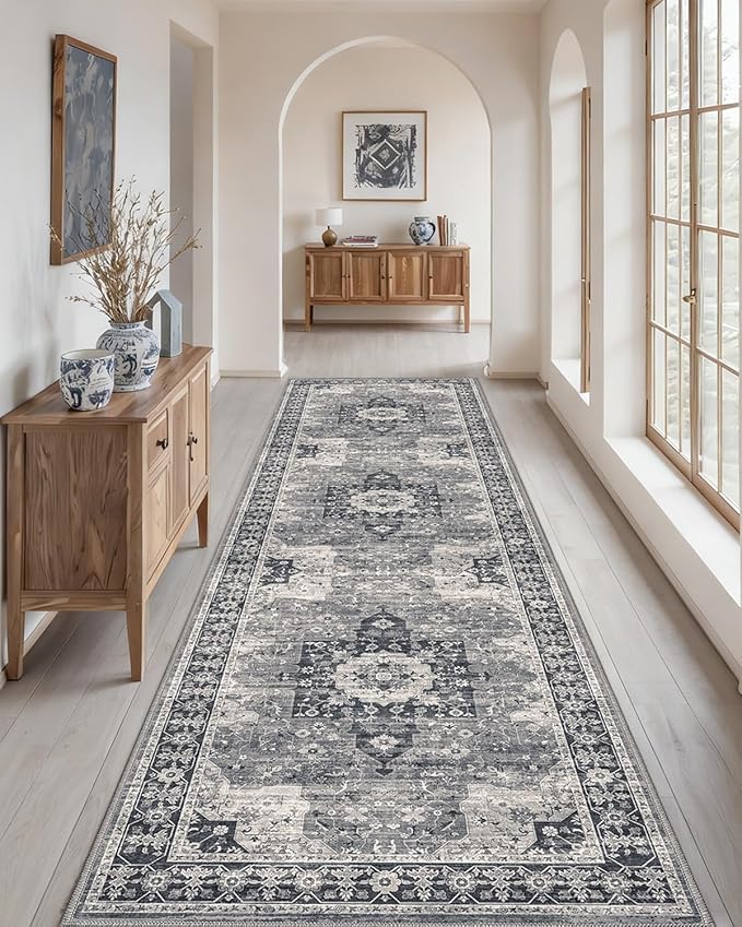 DEXI Hallway Runner Rug 3x10, Distressed Non Slip Runners Carpet, Boho Vintage Soft Thin Indoor Rug, Stain Resistant Washable Entry Mat for Entryway Kitchen Laundry Room Living Room, Blue Grey