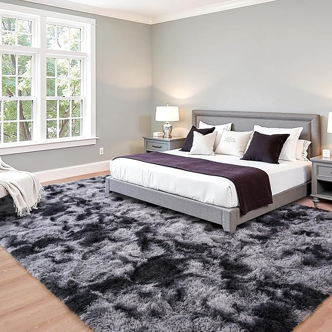 Beglad Fluffy Large Area Rugs 9x12 Feet, Modern Minimalist Style Shag Fuzzy Rugs, Non-Slip Indoor Carpet Soft Rugs for Kids Room, Bedroom & Living Room, Tie-Dyed Dark Grey