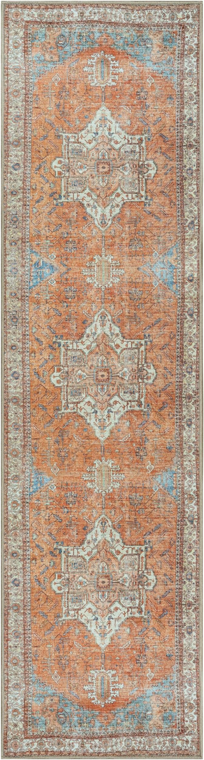 GLN Rugs Traditional Collection - Machine Washable Area Rug, Traditional Washable, Non Slip, Low Pile Chenille Rug, Living Room, Bedroom, Kitchen Rug (2'6" x 10' Terra/Multicolor)