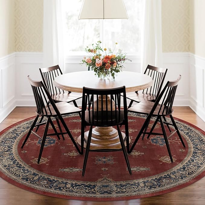 RUGGABLE Washable Vintage Area Rug – Verena Amber Red 6 ft Round, Stain-Resistant, Non-Slip – Medium Machine Washable Rugs for Living Room, Bedroom, Hallway, Entryway & Office–with Standard Pad