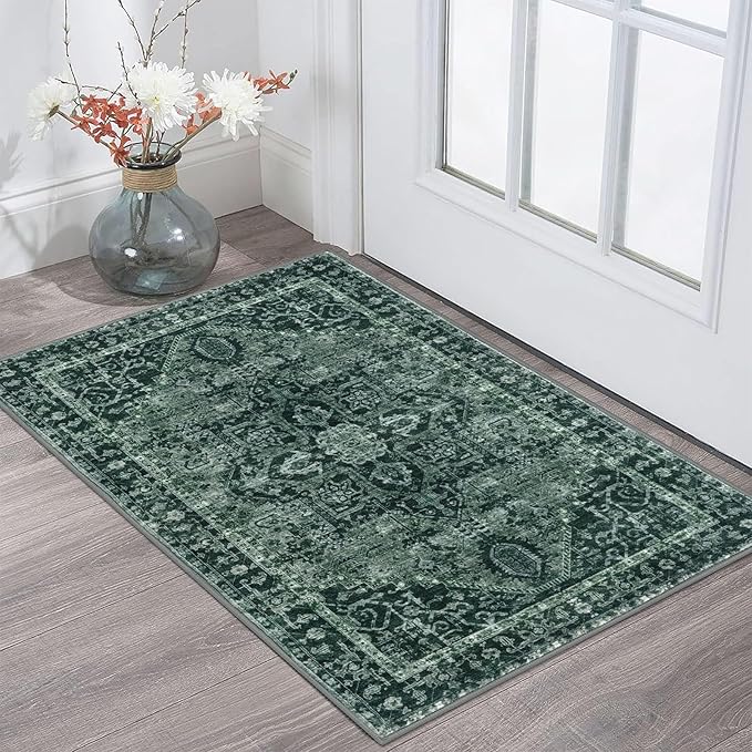 KOZYFLY Small Area Rug 2x3 Ft Rugs for Entryway Washable Boho Entry Rug Non Slip Door Mat Indoor Entrance Faux Wool Vintage Printed Kitchen Rug Throw Rugs for Entrance Kitchen, Dark Green