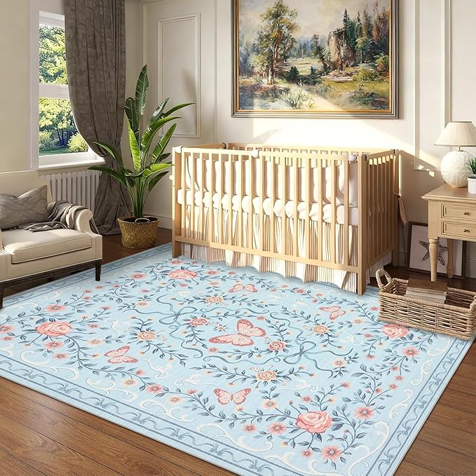 GarveeHome Washable Floral Area Rug 5x7 for Living Room Non Slip Bedroom Rug Soft Stain Resistant Large Dining Room Throw Carpet Low Pile Blue Bow Rugs Butterfly Flower Carpet for Nursery Entry, 5x7