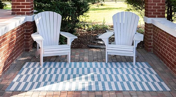 Unique Loom Outdoor Striped Collection Area Rug - Striped (6' 1" x 9' Rectangle, Light Aqua/Ivory)