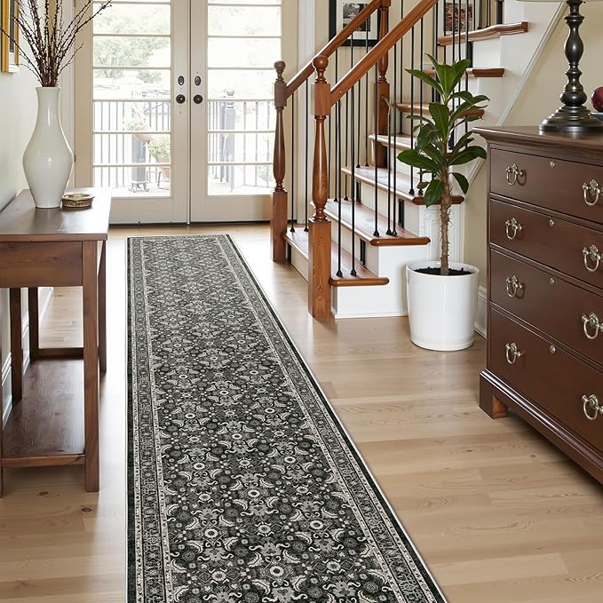 WITSHOCK Black Boho Washable 2x10 Kitchen Runner Rug,Vintage Neutral Hallway Rugs for Entryway,Soft Distressed Floor Mat for Bedroom,Entrance,Indoor Back Door(Black,2x10)