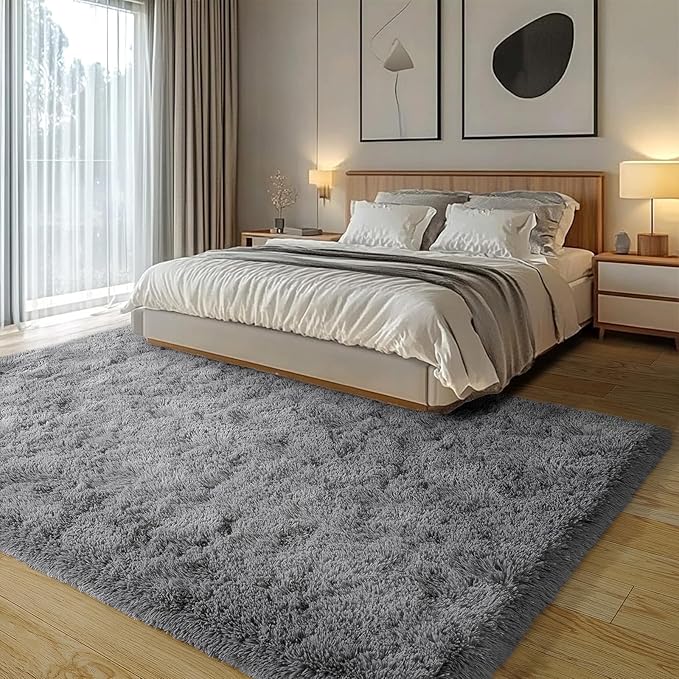 Dark Gray Fluffy Rug Plush Carpet for Bedroom Dorm, Non-Slip High Pile Rug, Shag Rug for Playroom Nursery Home Office Decor 5X7Ft
