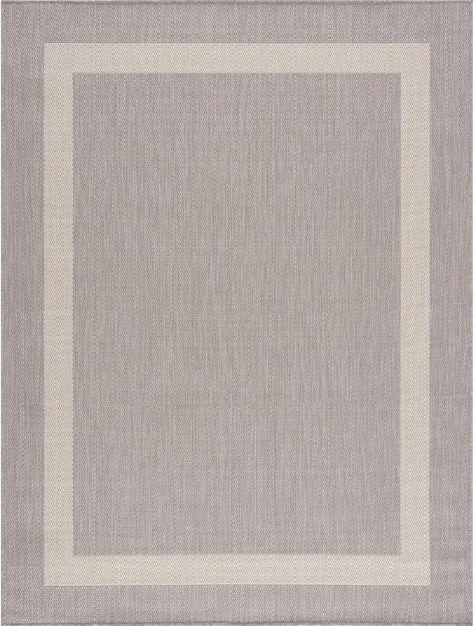 CAMILSON Outdoor Rug 9x12,Large Modern Outside Rugs for Patios Porches Waterproof Durable Washable Non-Shedding, Easy-to-Clean Indoor Outdoor Area Carpet (9 x 12, Bordered - Gray/White)
