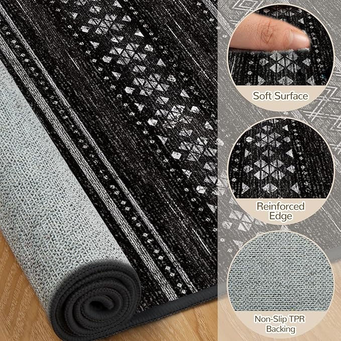 BESTSWEETIE 9x12 Area Rugs for Living Room Washable Moroccan Farmhouse Neutral Geometric Low Pile Non-Slip Soft Print Pattern Rug for Bedroom Kitchen Dining Room Entryway Black/White