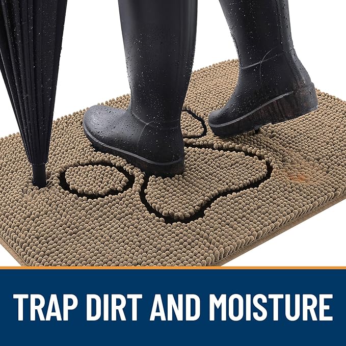 OLANLY Dog Door Mat for Muddy Paws 47x32, Paw Print Design, Absorbs Moisture and Dirt, Absorbent Non-Slip Washable Doormat, Quick Dry Chenille Mud Mat for Dogs, Entry Indoor Entryway Carpet, Tan