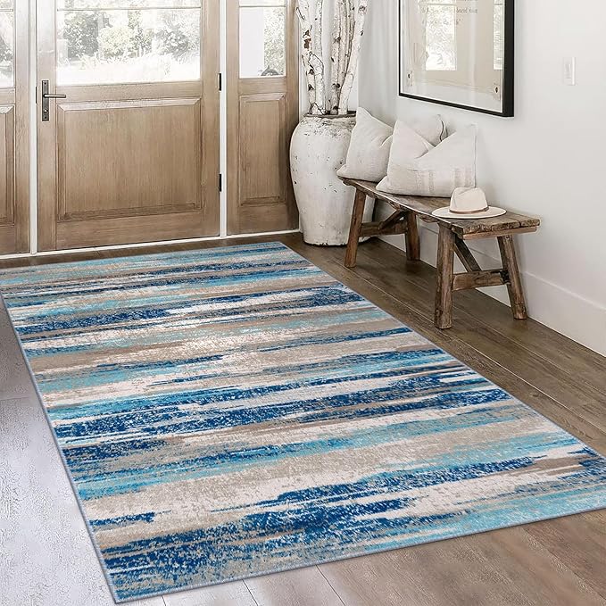 Modern Abstract 4x6 Living Room Washable Rug Non-Slip Soft Bedroom Area Rug Blue Thin Print Faux Wool Floor Carpet Throw Rugs for Nursery Playroom Dining Room Indoor Office Home Decor
