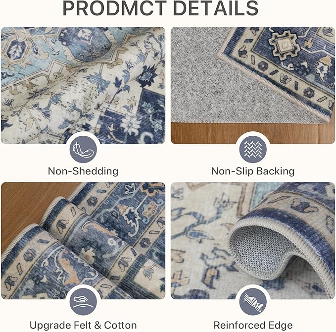 8x10 Area Rugs for Living Room, Machine Washable Non Slip Vintage Rugs, Low Pile Lightweight Print Rug for Bedroom, Dining Room, Home Office,Center Blue